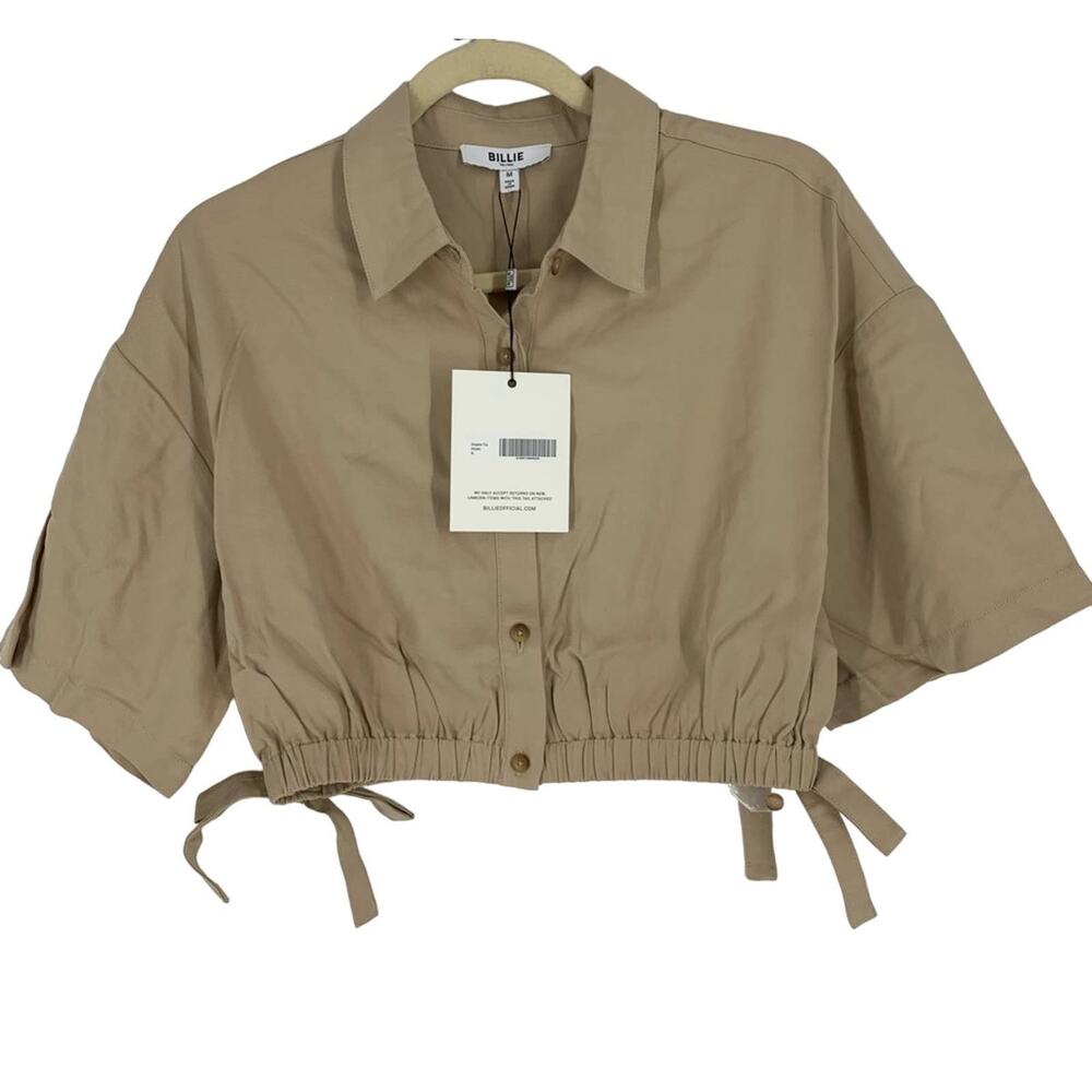 Billie the Label Imogene Crop Top Linen Blend Khaki Medium Collar Button‎ Tencel